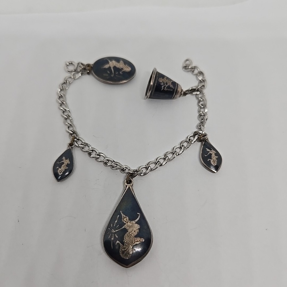 Vintage Siam Sterling Silver Niello Dancing Ladies Bell Charm Bracelet 7.5in